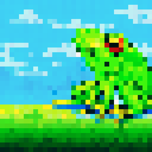 Bright green frog, rendered in pixel art with atransparent background for a badge design. Keep the size within 256x256 pixels.