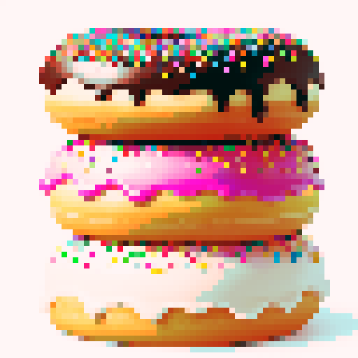 three big doughnuts in center of a frame, with vibrant colored icing dripping down, sprinkles on top, white background