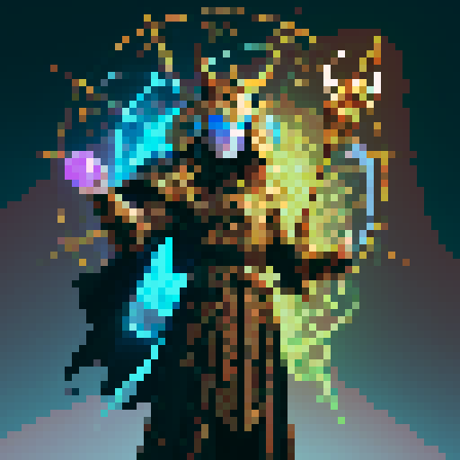 figure clad in elaborate, rune-etched armor, billowing cloak absorbing light, dark iridescent metal exuding contained power, horned baroque helm with intricate network of cables and conduits, backpack device pulsing with unknown energies, staff topped with glowing orb encased in lattice of arcane symbols, outstretched hand, pixel art, sRGB