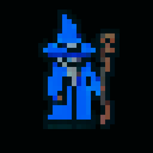 wizard with blue robes, blue wizard hat, brown staff, golden necklace with sun pendant, flat white background, character pixels are clearly distinguishable from its background