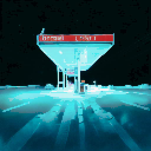 black sky with twinkling stars, gas station at night casting light on the snow, empty void