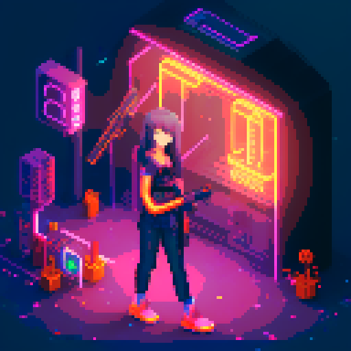 Street Mage anime girl with flowing hair, fluorescent tattoos, and a pixelated sniper rifle, navigating through a purple neon-lit night market and an sRGB glow
