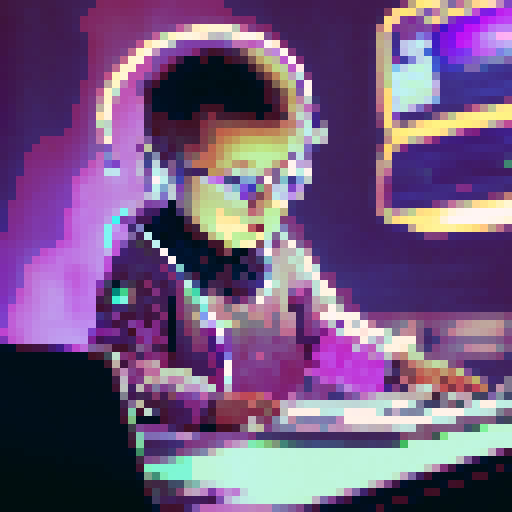 "Tech-savvy baby with oversized glasses and suspenders operates a futuristic computer, surrounded by neon lights and holograms."