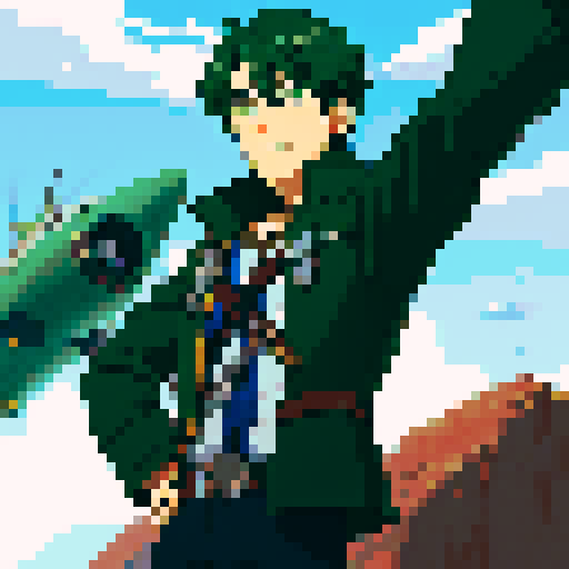 Dark green hair, male, airship pilot, anime style, Trails of Cold Steel character, pixel art, sRGB