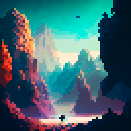 Pixelated, blocky, and retro. Show Steve traversing through a vast, mountainous landscape, with towering cliffs, deep valleys, and a flowing river.