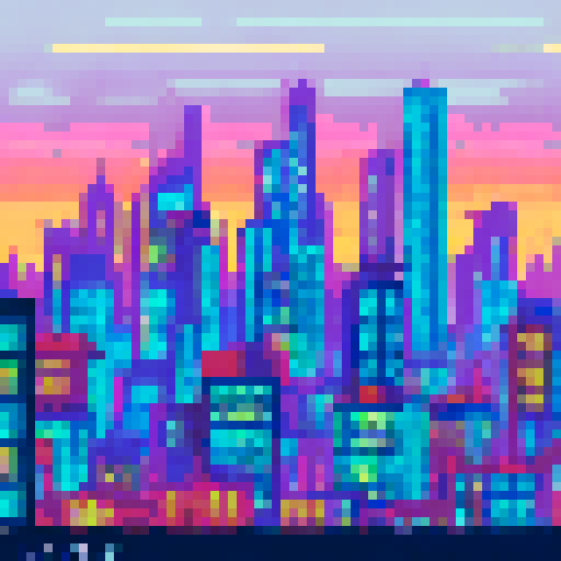 Metropolis, single towering skyscraper, vibrant sRGB colors, pixelated buildings, simple background