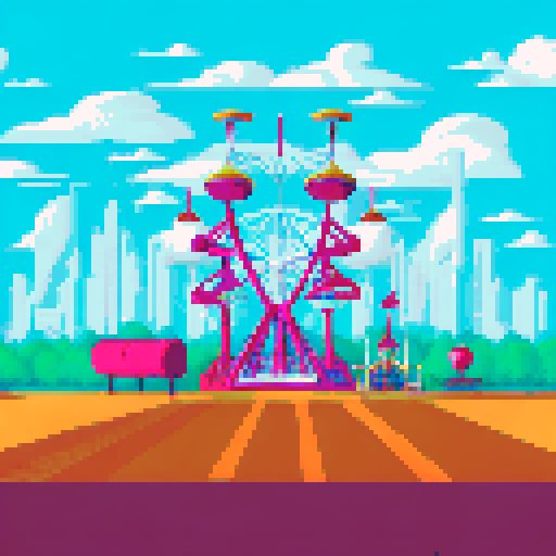 wide shot amusement park, whimsical carousel, towering roller coaster, ferris wheel in motion, pixel art style