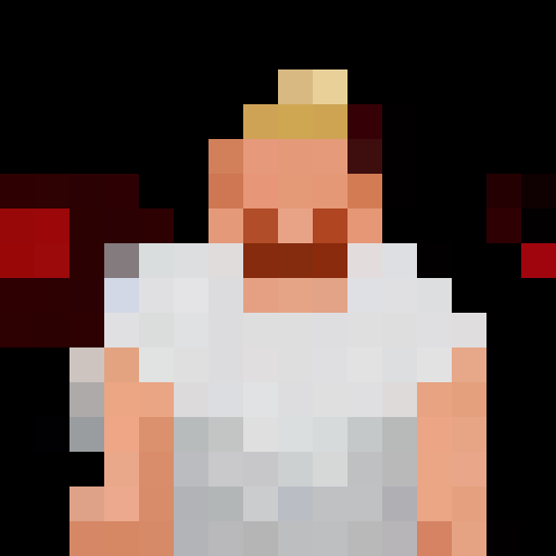 Pixel art close-up portrait of a jolly, obese man with a beaming smile, reminiscent of a classic 16x16 game icon.