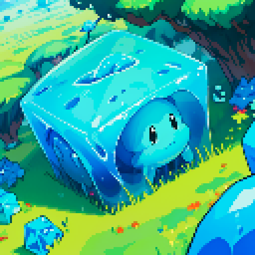 Blue Slime cube, Gelatinous cube, giant Slime, boss fight, grasslands