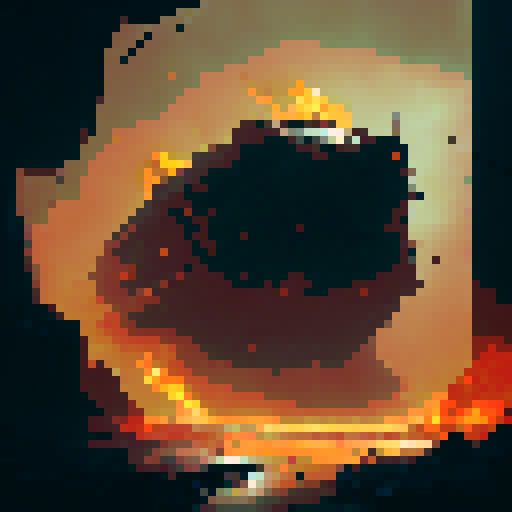 Dystopian, gritty, and abstract. A monstrous, fiery behemoth emerges from the rubble, towering over the shattered remains of a city as glowing embers rain down like a deadly storm.