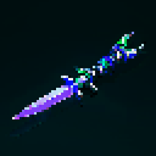 rogue's dagger, intricate hilt, gleaming blade, shadowy backdrop, dramatic lighting, vibrant color palette, pixelated details, sRGB color space