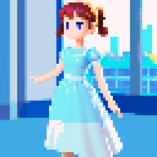 A young lovely girl; full figure picture; wearing light blue and white dress