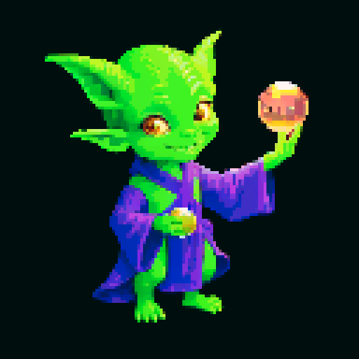 A prophetic goblin with a crystal ball, intricate robes, and a mystical aura. It has glowing eyes and a knowing smile, foretelling the future with its magical abilities. No background.
