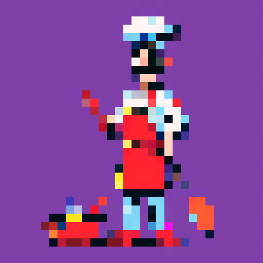 cooking chef with moustache, frying pan in hand, pixel art, vibrant sRGB colors