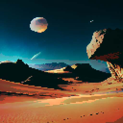 desert with many dunes at night, the sand is gray and there is a crescent moon in the dark sky