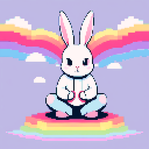 A white rabbit meditating on a rainbow background.