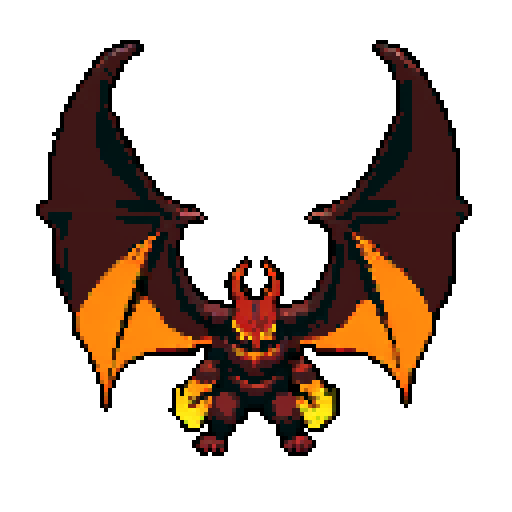 towering demonic figure, massive horns, sharp claws, large bat-like wings, dark red skin, glowing runes, piercing yellow eyes, powerful sinister aura, pixel art, sRGB