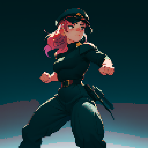 full-body image, muscle girl, female, thick biceps, big shoulders, big fists, muscular physique, thick waist, facing left, ready to fight, exaggerated proportions, black military uniform, black hat, military backdrop, sRGB, pixel art, no background, no backdrop, facing left, fists raised, ready to fight