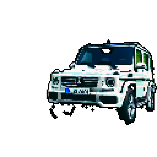 Photorealistic whole Mercedes-Benz G class, three-quarter view, right front wheel, clean background, sRGB colors, pixel art style
