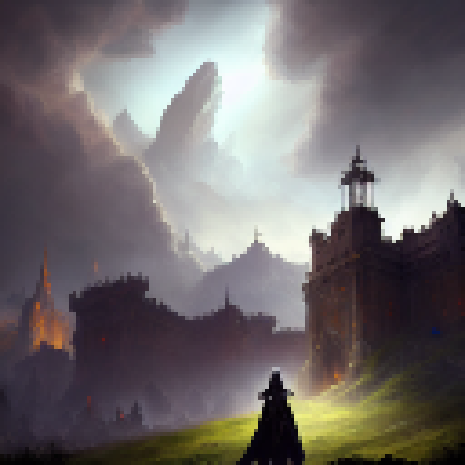 Necromancer, atop hill, surveys kingdom at sunset; undead army rises, ominous clouds gather, castle walls crumble, all in fantasy RPG style.