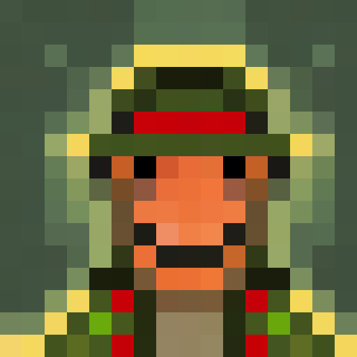 Green-hatted archer, poised with bow and arrow, stands in a mystical forest surrounded by towering trees, their leaves shimmering in the golden light of sunset, all captured in a stunning 16x16 pixel portrait, close up, portrait