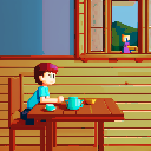 Cabin interior, table, kitchen, mother and son