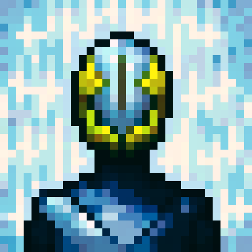 silver color helmet, shiny metallic surface, intricate engravings, glowing blue accents, sharp edges, detailed reflections, pixelated design, vibrant colors, glossy finish, small size, compact shape, dynamic composition, high contrast, realistic shadows, intense lighting, dramatic perspective