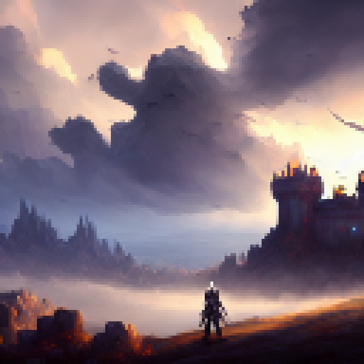 Necromancer, atop hill, surveys kingdom at sunset; undead army rises, ominous clouds gather, castle walls crumble, all in fantasy RPG style.