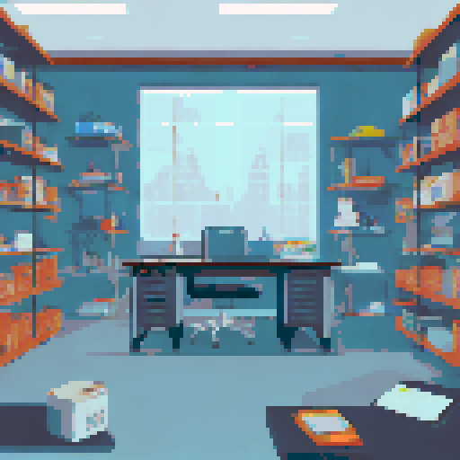 Elon Musk's cluttered office, futuristic gadgets, stacks of blueprints, shelves of model rockets, sRGB, pixel art, background, landscape