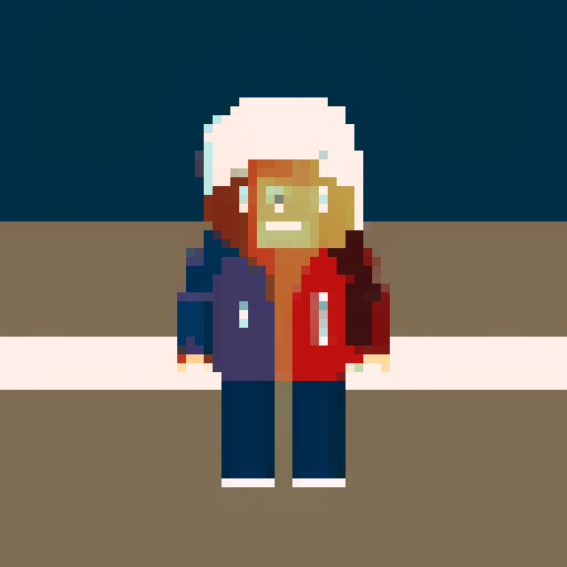 Semi Deamon Human, Red Eyes, Brown hair, White jacket, Blue pants, Red Wings, pixel art, sRGB