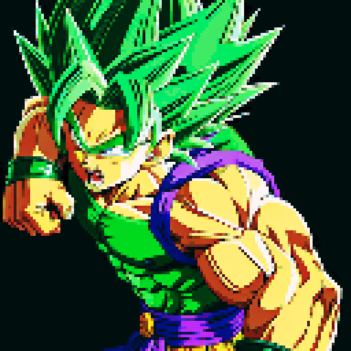 DBZ Broly, Legendary Super Saiyan, fierce, muscular, towering, green hair, bulging veins, explosive energy, pixel art, vibrant colors, intense shadows, sRGB