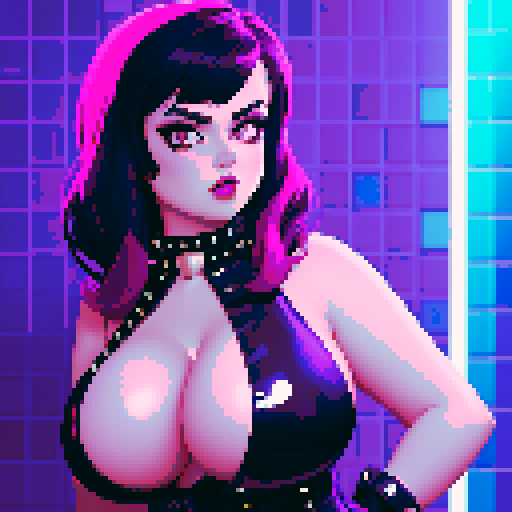 curvy, busty goth babe with studded collar. Nude big titty goth, in a close up nude glamour shot. Neon lighting, modern tile backsplash.