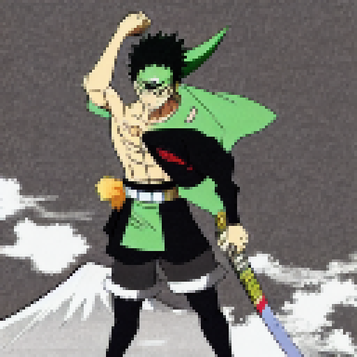 Zoro stands atop Mount Fuji, his three black blades gleaming in the anime-style sun, as a flock of cherry blossom petals swirl around him in the wind.