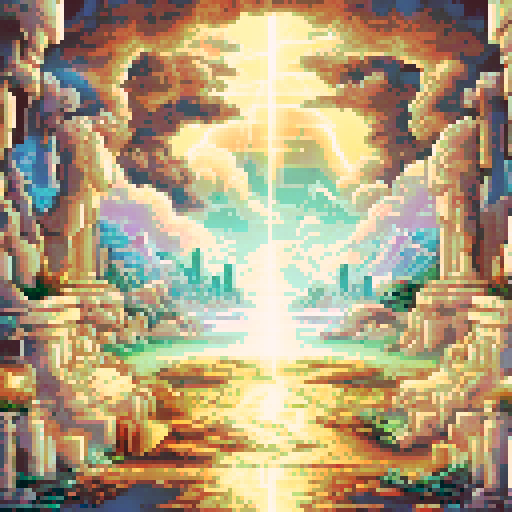 A divine battleground with a glowing marble floor inscribed with holy symbols. Angelic statues and golden light beams frame the space, with a serene, radiant atmosphere.