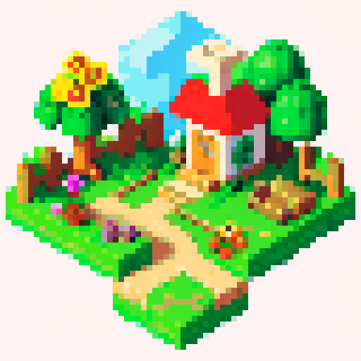 Animal Crossing-style pixel art, 64x64, seamless ground tiles like grass, dirt, sand, water, stone path, pastel colors with soft greens #A8D8A8, pinks #F8C8C8, blues #B8D8F8, cozy retro aesthetic, transparent background