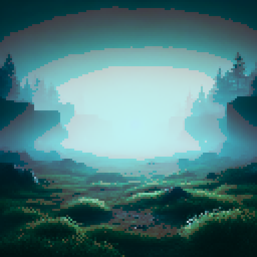 A mysterious field with a flat grassy surface. The background fades into thick fog, with faint outlines of trees and rocks adding depth and mystery.