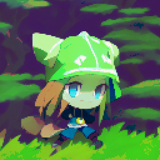 Little girl with blonde pigtails wearing a dark hood in a green forest