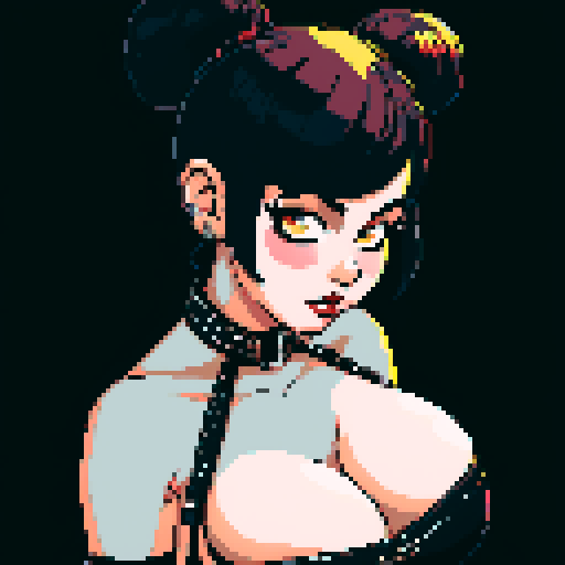curvy, seductive busty goth babe with studded collar, hair in buns, aroused nude big titty goth in a close-up nude glamour shot, wearing halter top, against a modern tile backsplash, pixel art, sRGB