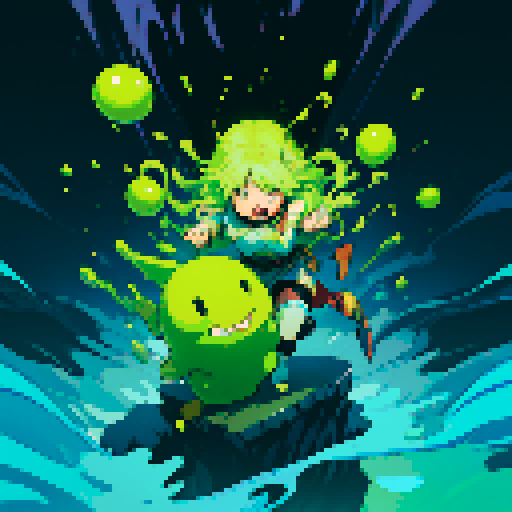 slime surging up around someone, slime engulfing a hero, slime consuming a hero, hero getting engulfed by slime, slime attack, dynamic, slime slamming into someone, impact, splashing slime, full-body image, full-body art, hero's hair and clothing color vary