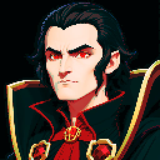 dark evil male wizard, black hair, bright eyes, red and black robe, golden-trimmed lining, fantasy RPG style, pixel art, sRGB