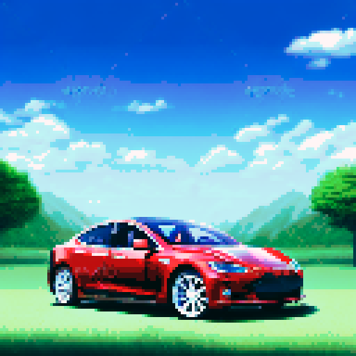 Photorealistic whole Tesla Model S, centered, three-quarter view, right front wheel, clean background, realistic colors, pixel art style
