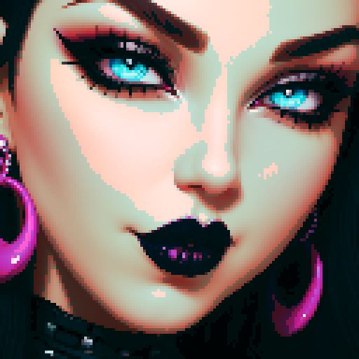 curvy, busty goth girl, face portrait, close up, glamour shot, vivid colors, pixel art, sRGB