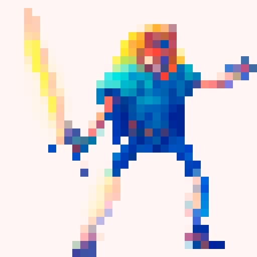 Fantasy warrior with a gleaming longsword, standing on a grassy hilltop with a vibrant sunset sky behind them, as if waiting for a battle to begin. all in pixel art style with vivid sRGB colors