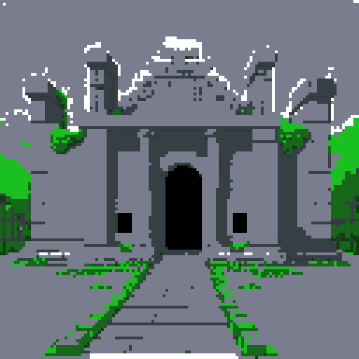 2d grey stone rubble in an ancient english style. Old and crumbling but still upright. Green vines crisscross it. Usable as an asset (clear, thick lines and a white background). Put a black stroke around the composition