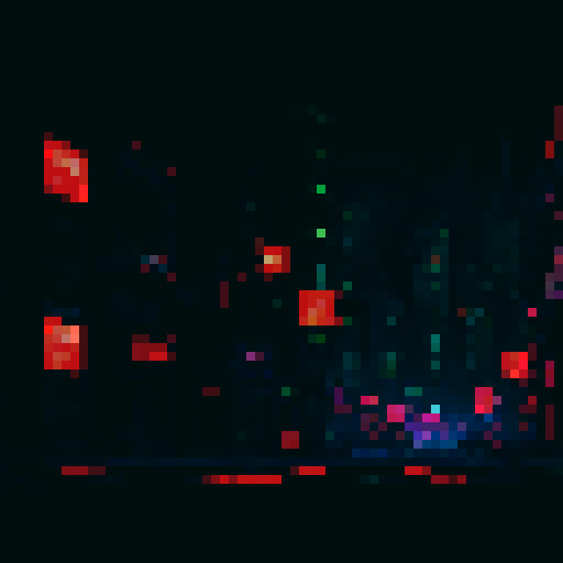 Neon lights flicker atop dilapidated buildings, casting a vibrant glow onto the deserted streets of a cyberpunk cityscape, rendered in sRGB pixel art style as a background landscape