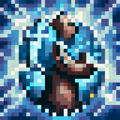 Thalrin Stormcaller, long wild silver hair, piercing blue eyes reflecting mastery over storm magic, blue and white robe with lightning bolt motifs, staff emitting sparks, lightning bolt topper, stormy sky with dark clouds and flashes of lightning, confident, game icon, 32x32 pixel art, sRGB, skill art, close up, portrait