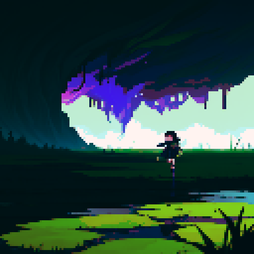 a child run away from a black clouds that follow him, in a swamp, dark color with domination of purple and green