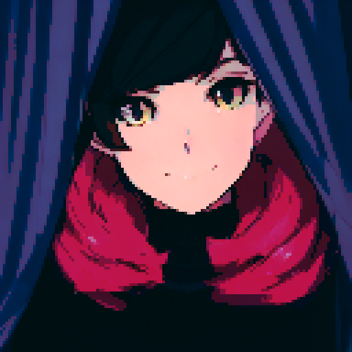 A brown-haired girl with brown eyes smiles as she stands amid blue curtains in a black dress and floating cherry blossom petals