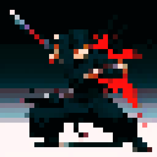 Ninja in Shadow, shuriken flying, katana gleaming, blood splattering, dark theme, pixel art, sRGB