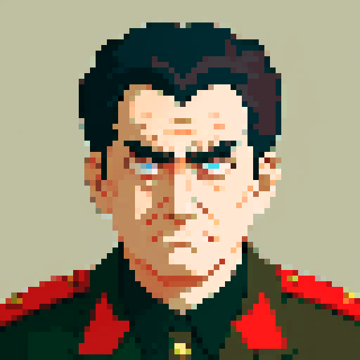 minister of defense, serious expression, graying hair, piercing eyes, close-up, confident stance, anime style, pixel art, military uniform, front view, old man